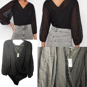 Express “Black Eyelet Trim Faux Wrap Thong Bodysuit”